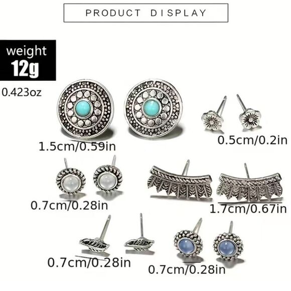 🔅🆕🔅 BoHo 6 Pairs Flower Leaf Design With Turquoise Decor Stud Earrings✨ - Picture 4 of 6